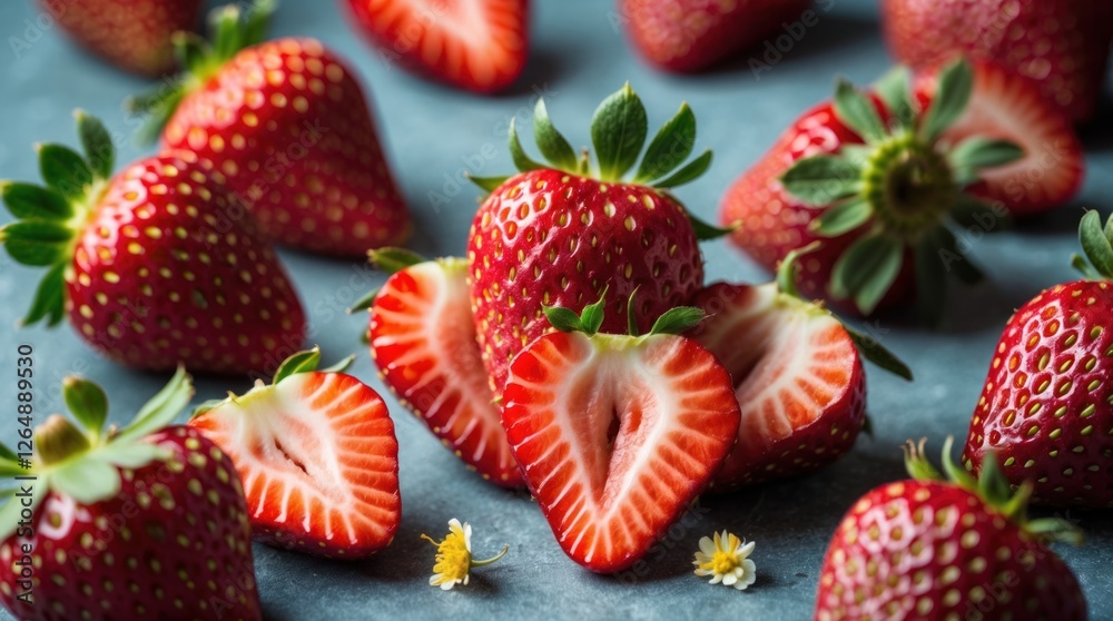 Poster fresh strawberries arranged on a textured surface with some cut in half showing interior, includes s