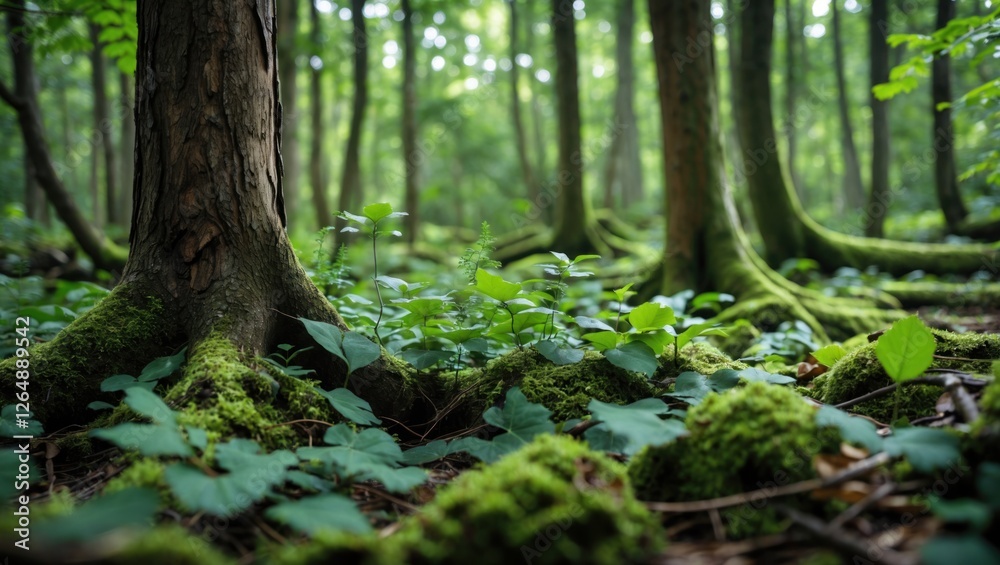 Poster forest floor with moss and green foliage surrounding tree roots in a lush woodland setting, natural 