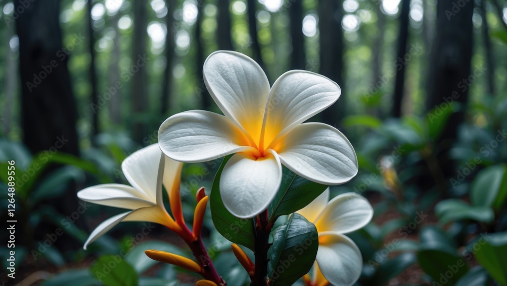 Poster close-up of white plumeria flowers with yellow center in a lush green forest background with blurred