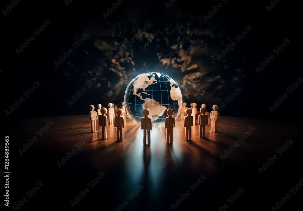Fototapete Illuminated world globe surrounded by figures in a circle on a dark stage, symbolizing global unity and connection. Figures gather around the earth.