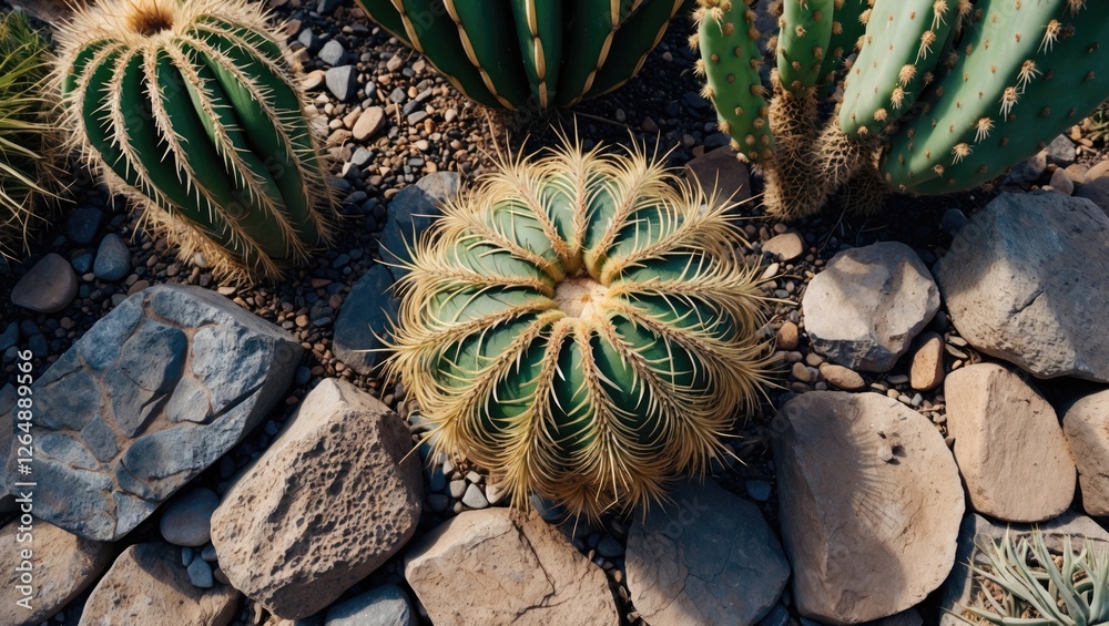 Poster cacti variety with spiky texture surrounded by stones in a desert landscape natural environment top 