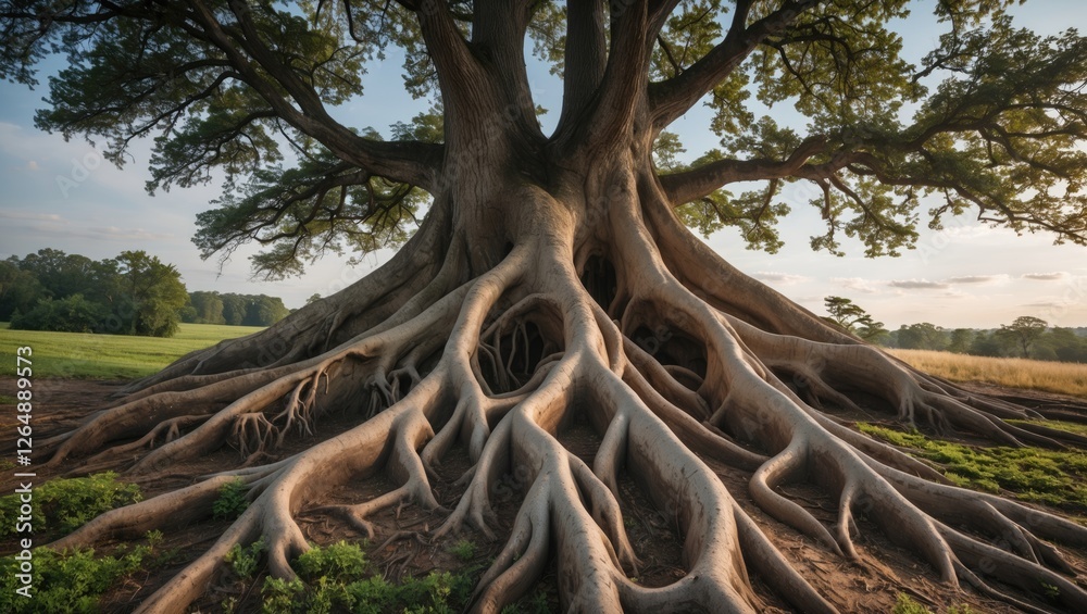 Poster large tree with expansive roots in a natural setting during golden hour with lush green grass copy s