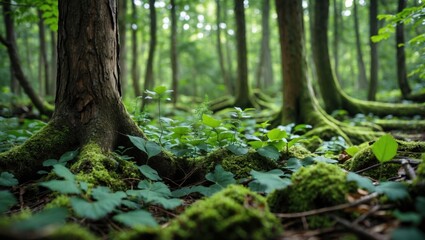 Forest floor with moss and green foliage surrounding tree roots in a lush woodland setting, natural light filtering through trees, Copy Space