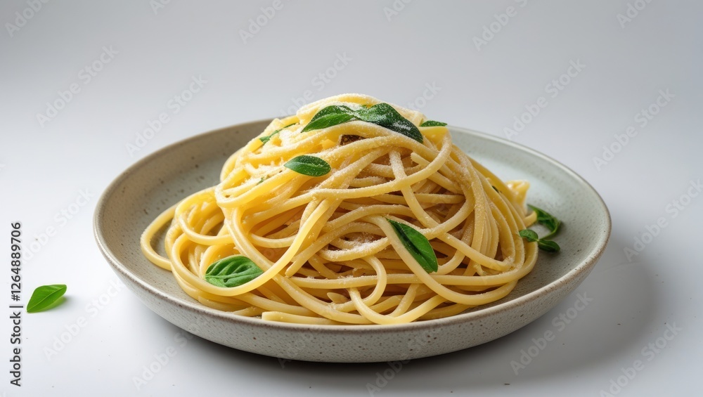 Aufkleber Spaghetti pasta with fresh herbs served in a rustic bowl on a plain background with copy space for text.