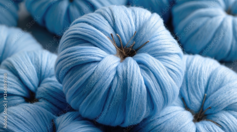 Poster blue wool yarn balls stacked together with soft texture and focus depth, crafting and textile backgr