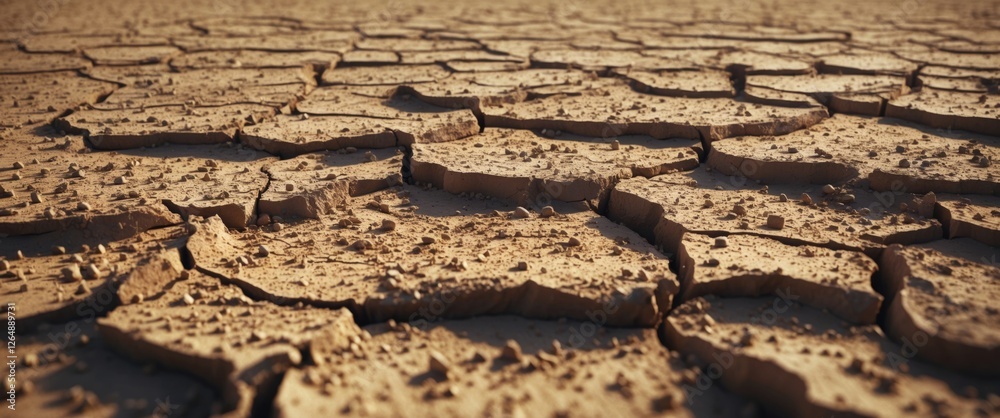 Aufkleber Dry cracked soil surface with uneven patterns and texture in arid landscape, showing signs of drought and land degradation