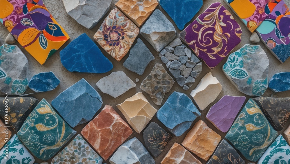 Poster colorful mosaic pattern of various stone tiles and ceramics arranged in an artistic design with text
