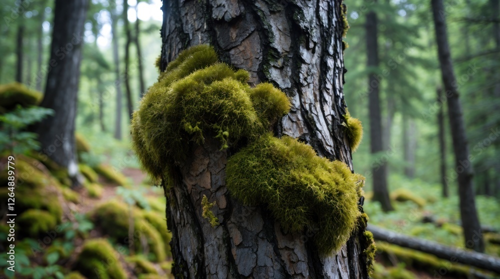 Poster moss covered tree trunk in lush green forest environment with blurred background and natural earthy 