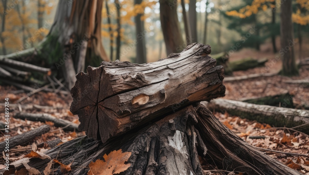 Poster Close-up of a weathered tree stump in a forest with autumn leaves and blurred trees in the background showcasing nature's decay and beauty Copy Space