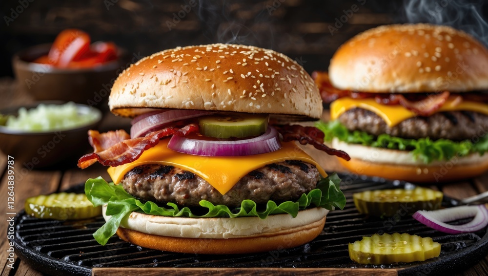 Poster delicious grilled cheeseburgers with bacon lettuce onion and pickles on sesame seed buns with fresh 