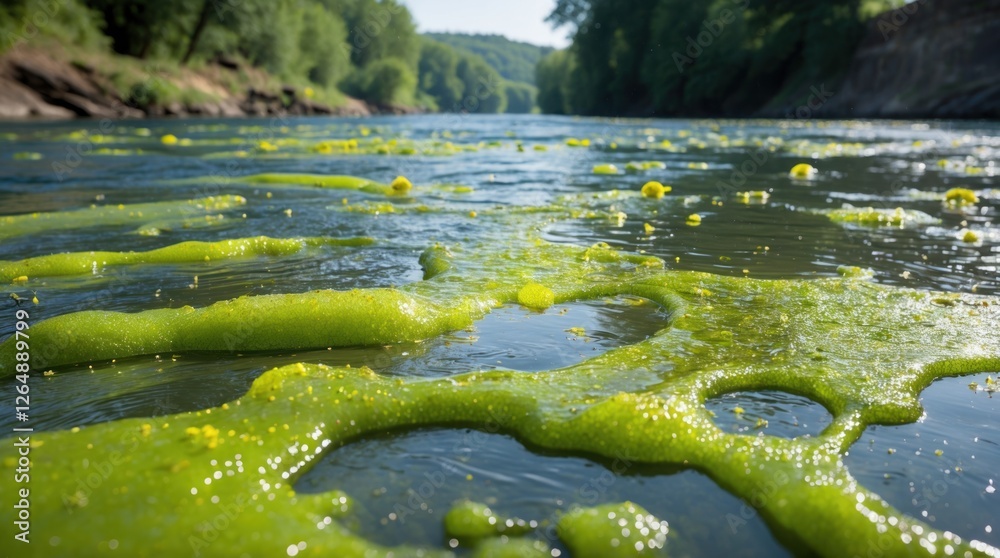 Poster Green algae covering the surface of a river with reflections of trees and clear water in the background Copy Space