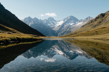 Obraz premium Alpine scenery with lake mirroring snowy mountain peaks used in travel website
