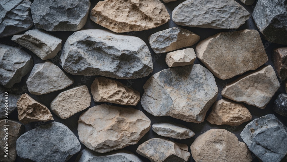 Poster textured arrangement of various stones in natural colors on a surface suitable for backgrounds and d