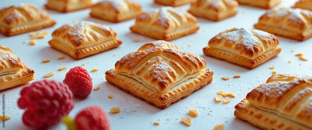 Aufkleber Assorted baked pastry squares with raspberry garnish on white background Copy Space