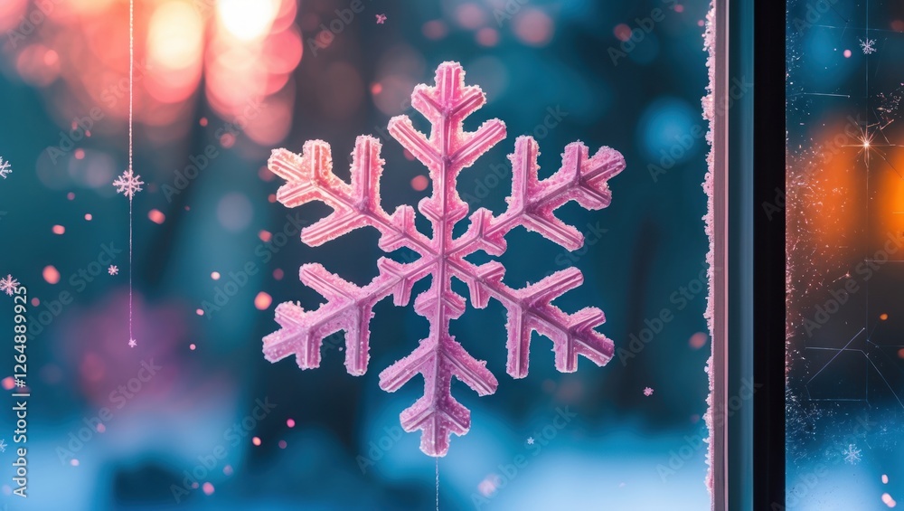 Poster frosted snowflake decoration viewed through a window with winter background and soft light effects, 
