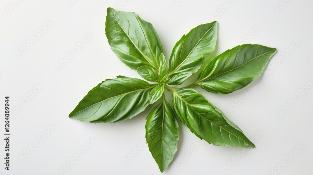 Poster Fresh green basil leaves arranged artistically on a white background with ample space for text Copy Space