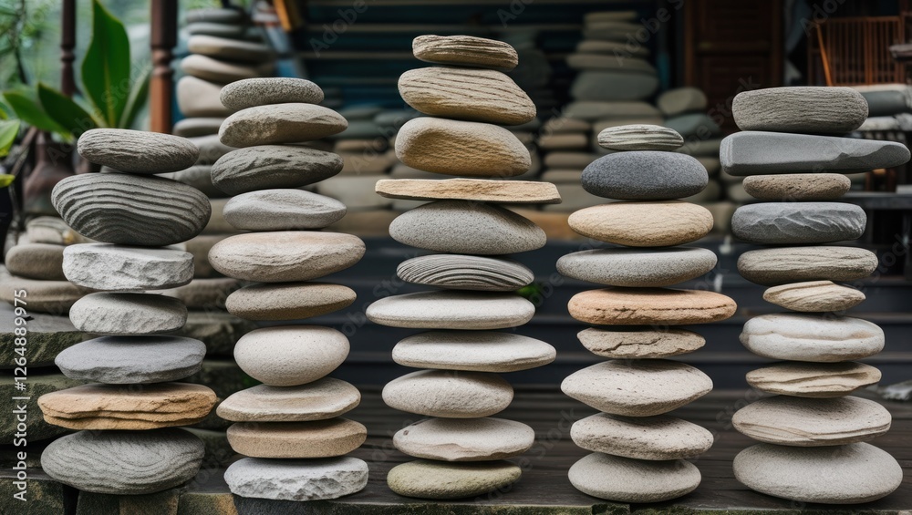 Aufkleber Stacked stones of various sizes and colors arranged vertically on textured surface with natural background and copy space