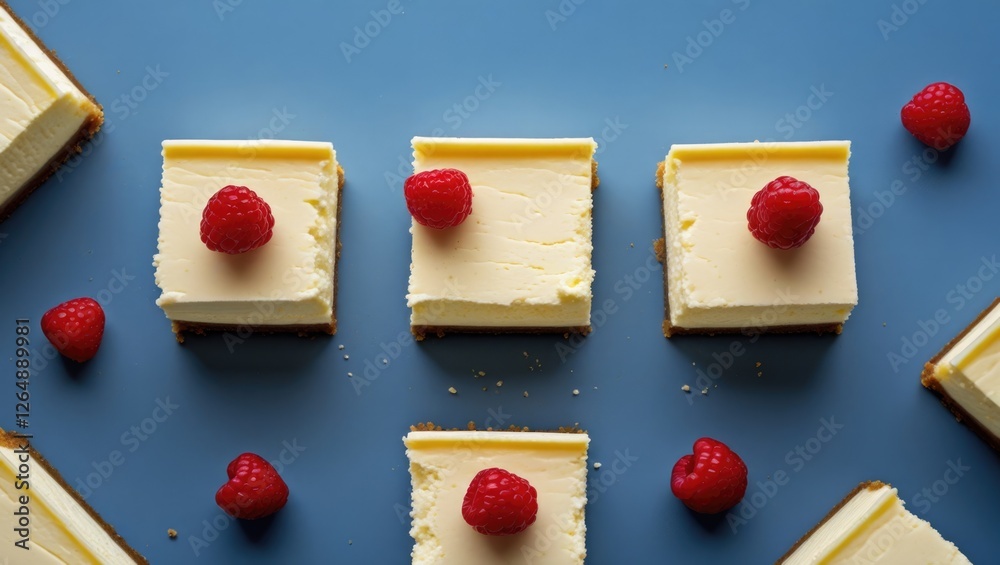 Aufkleber Sliced cheesecake squares topped with raspberries arranged on a blue surface with additional raspberries scattered around Copy Space