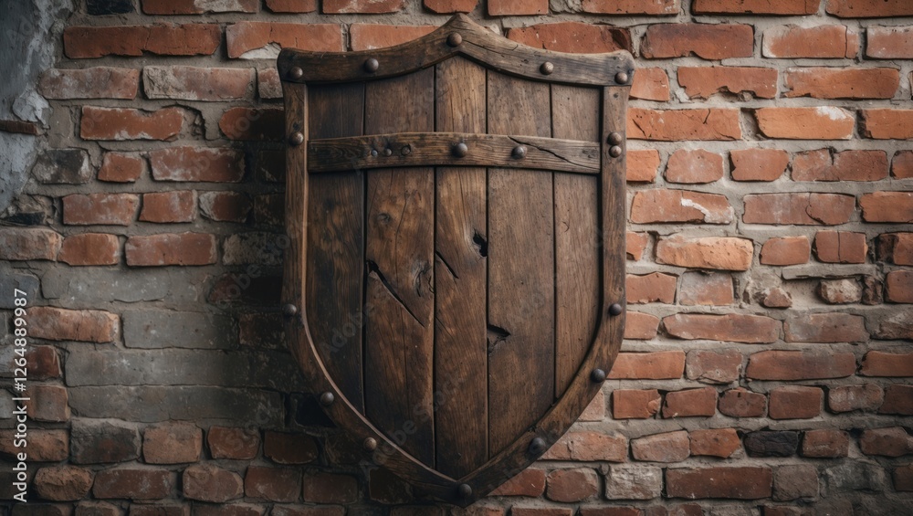 Poster wooden shield mounted on a brick wall with rustic textures and weathered appearance copy space