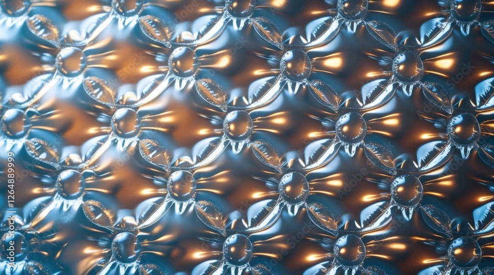 Fototapete Abstract pattern of reflective metallic bubbles creating a textured surface with blue and orange tones Suitable for backgrounds and copy space