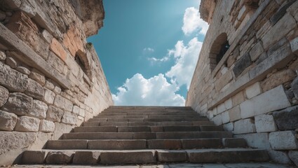 Fototapeta premium Stairway leading upwards through an ancient stone archway against a dramatic sky with clouds and blue tones featuring Copy Space