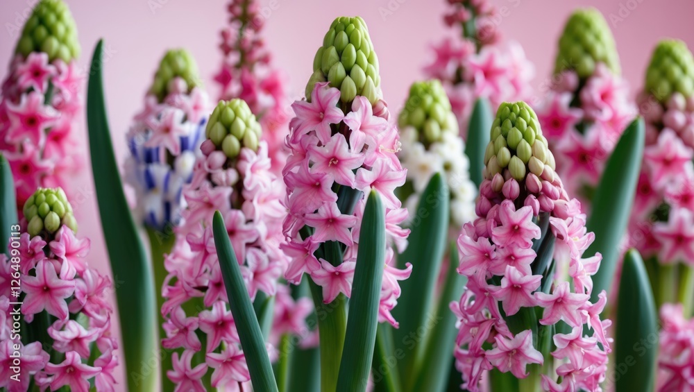 Poster hyacinth flowers blooming in various colors with green buds on stems against a soft pink background 