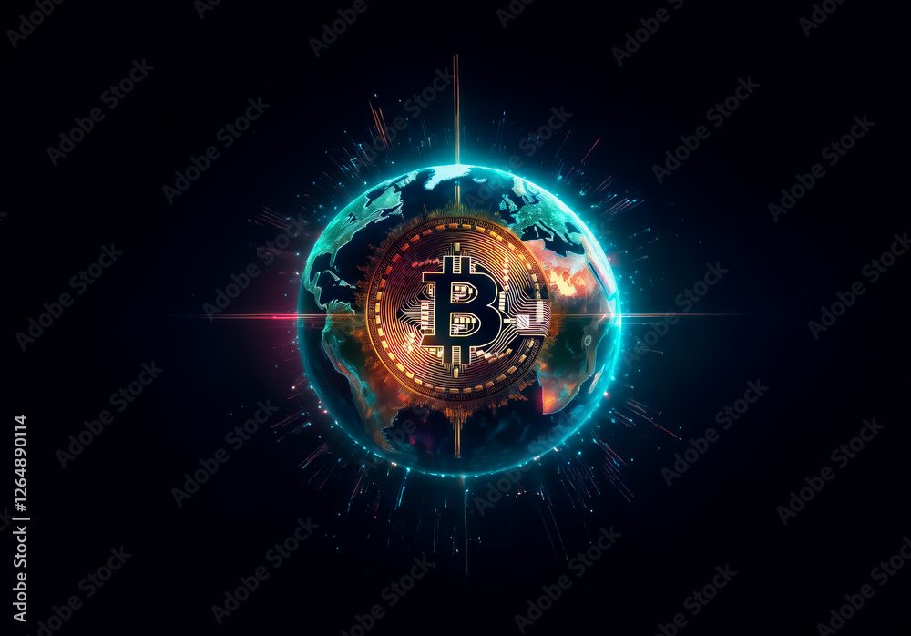Aufkleber A glowing bitcoin symbol on a world globe, representing digital currency and financial technology.  Energy radiates from the globe in a dark space, symbolizing global digital finance.