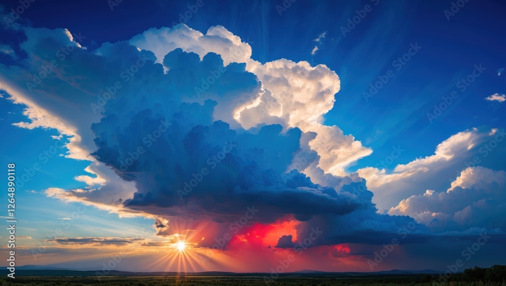 Poster Dramatic sunset with colorful clouds and rays of light over a tranquil landscape with ample Copy Space for text