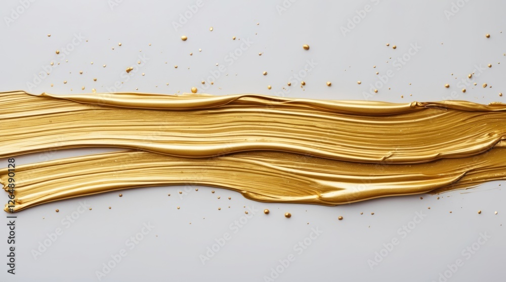 Poster Golden paint strokes on a white background with golden splatters and copy space for text placement