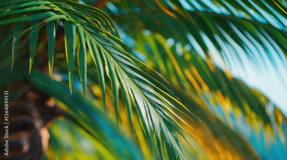Poster close-up of palm tree leaves with natural sunlight filtering through creating a vibrant tropical atm