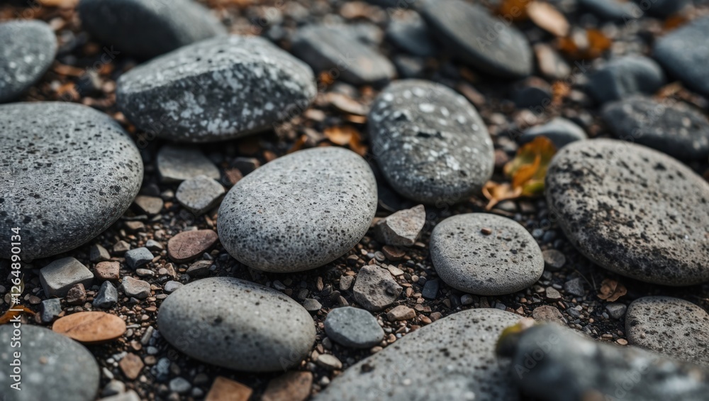 Poster close-up of various smooth gray pebbles and small stones on a gravel surface with scattered dry leav