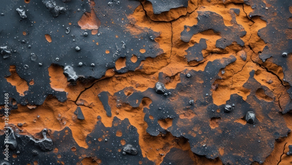 Aufkleber Textured surface with peeling black and rust-colored paint showing detailed cracks and patterns, suitable for backgrounds or textures. Copy Space