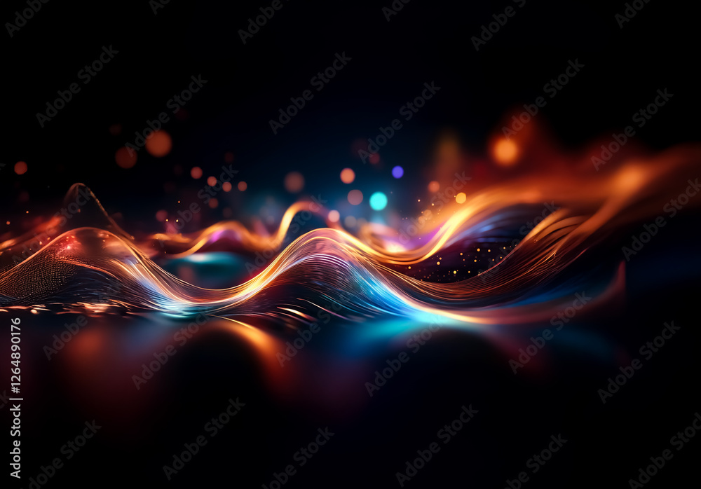 Poster Abstract waves of vibrant light cascade across a deep black background.  Orange, blue, and purple hues blend smoothly, creating a dynamic and elegant digital artwork with bokeh.