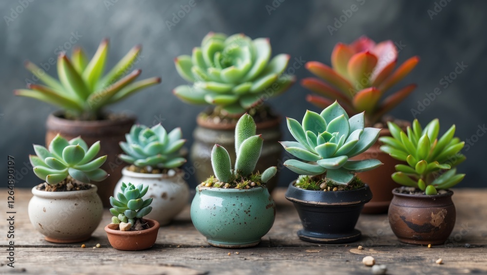 Poster Assorted collection of succulent plants in decorative pots on a rustic wooden table with a blurred background and Copy Space