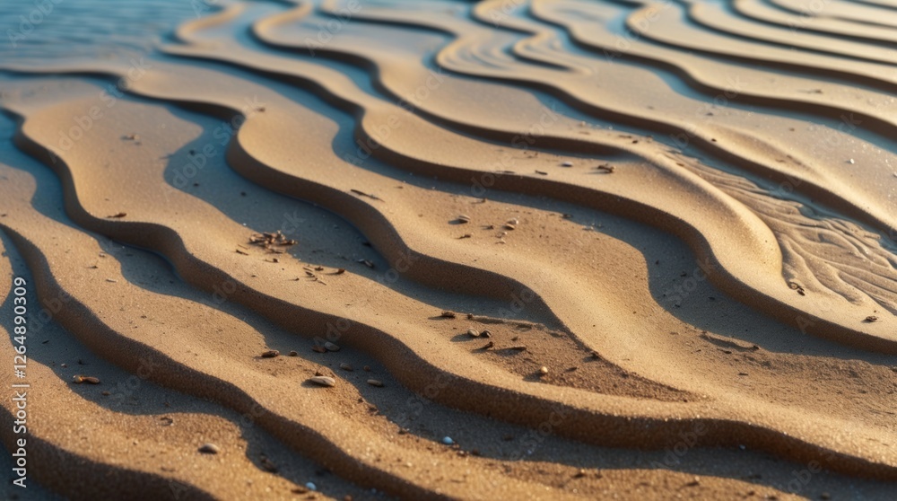 Poster Sand dunes with textured patterns and ripples under natural sunlight, showcasing smooth curves and shadows near water, Copy Space