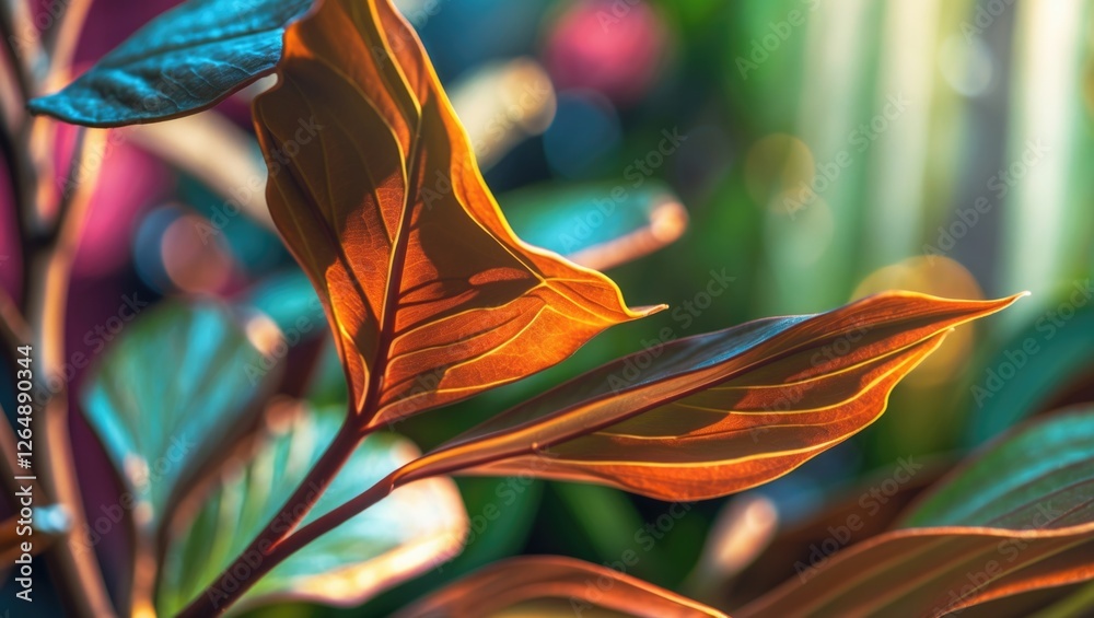 Poster close-up of colorful plant leaves with sunlight highlighting the texture and details, abstract green