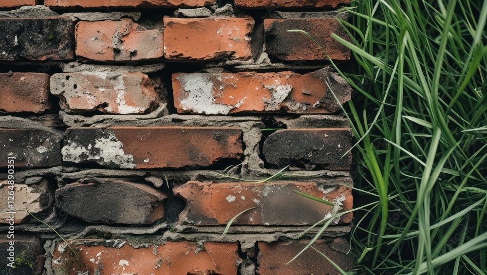 Aufkleber brick wall texture with green grass growing in between bricks showing rustic aged construction and n