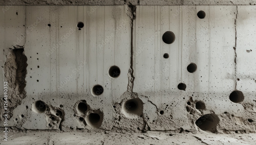 Poster concrete wall with large round holes and imperfections creating an industrial texture background cop