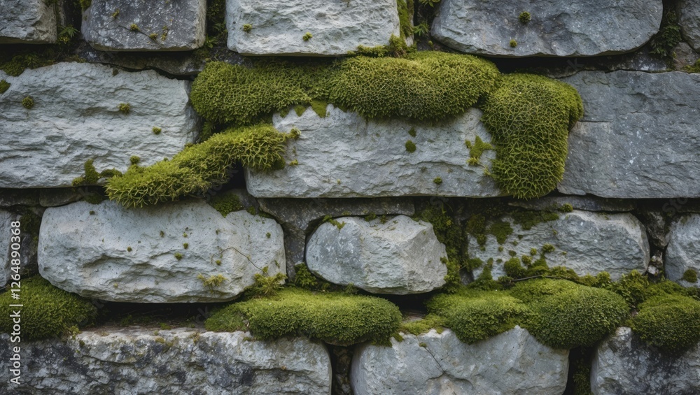 Aufkleber moss covered stone wall texture with green moss growth on rough stones suitable for natural backgrou
