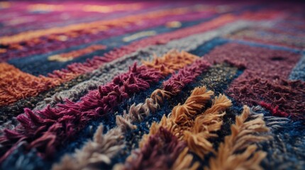 Fototapeta premium Textured multicolored area rug with fringe details on a hardwood floor in soft lighting providing a cozy atmosphere and inviting warmth