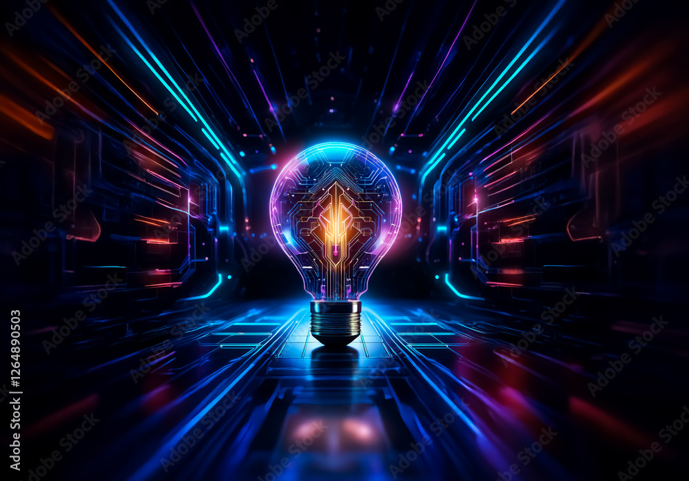 Poster glowing bulb in vibrant neon tunnel. futuristic tech scene with bright lights, digital elements, and