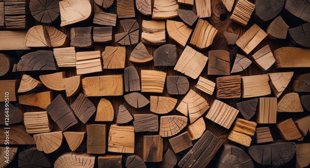 Poster Assorted wooden logs in various shapes and textures arranged on a surface natural background with Copy Space