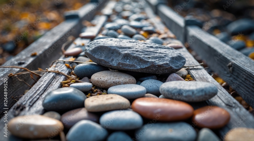 Poster Wooden pathway adorned with various colorful pebbles and a prominent gray rock in the center with blurred background and copy space.