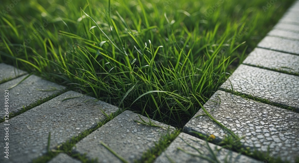 Poster Lush green grass growing between textured stone paving tiles in a garden setting with ample Copy Space for text overlay