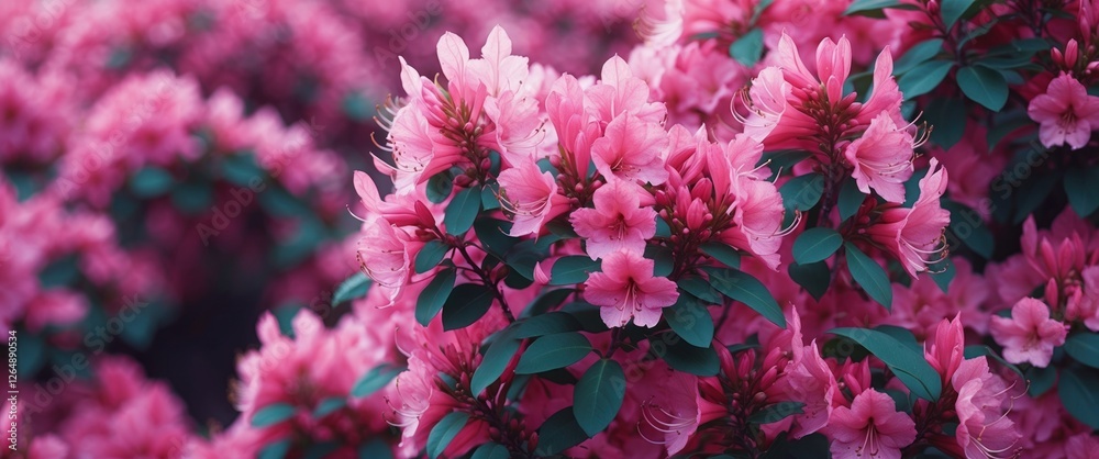 Poster Pink flowers in full bloom with green foliage in a vibrant garden setting featuring a blurred background for depth and texture Copy Space