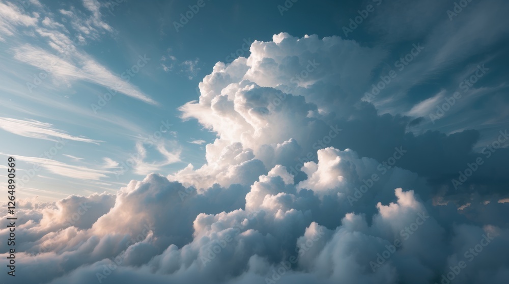 Poster dramatic cloud formations in a blue sky with soft sunlight illuminating the clouds copy space