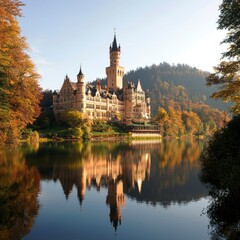Castle reflection over lake surrounded by fall foliage for tourism advertising