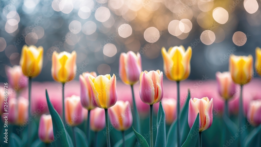 Aufkleber Colorful tulips in a field with a blurred bokeh background creating a soft dreamy atmosphere during spring season Copy Space