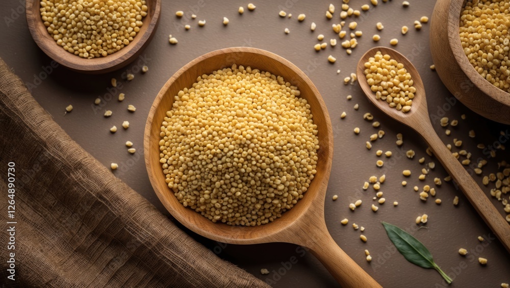Poster raw yellow millet grains in wooden bowls and spoons on a textured surface with scattered seeds and f