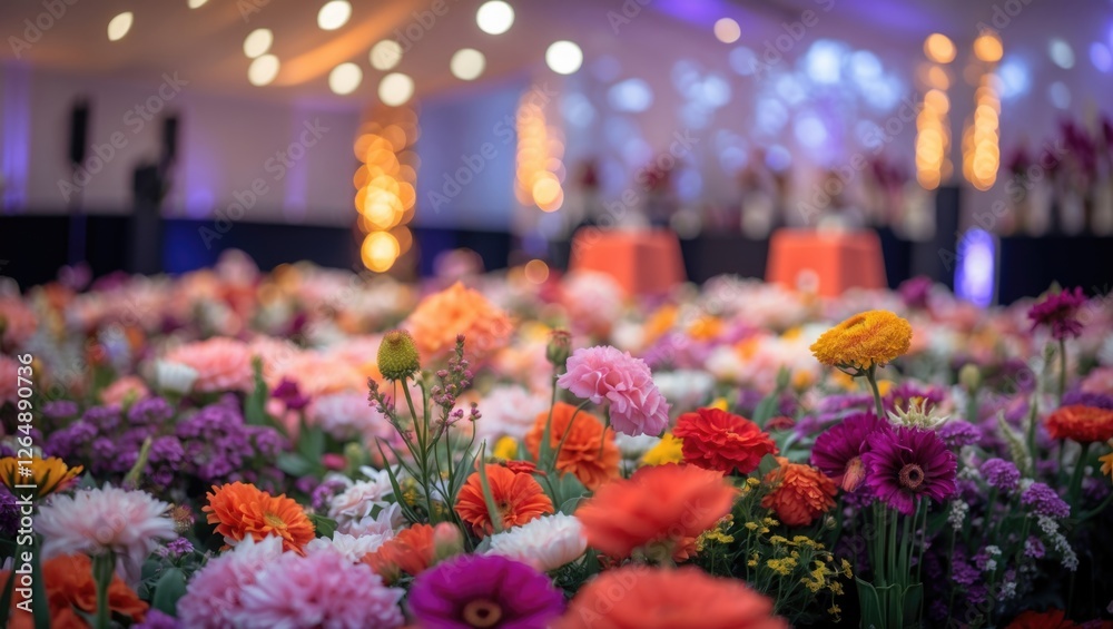 Poster colorful flower arrangement in an indoor event venue with soft lighting and blurred background featu